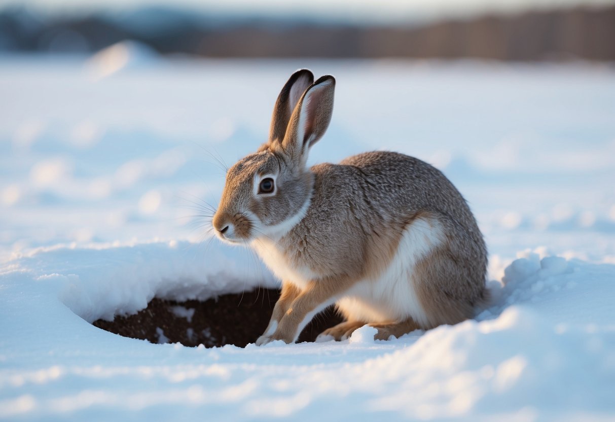 An arctic hare digs a deep hole in the snow, using its strong hind legs to create a shelter from the harsh climate