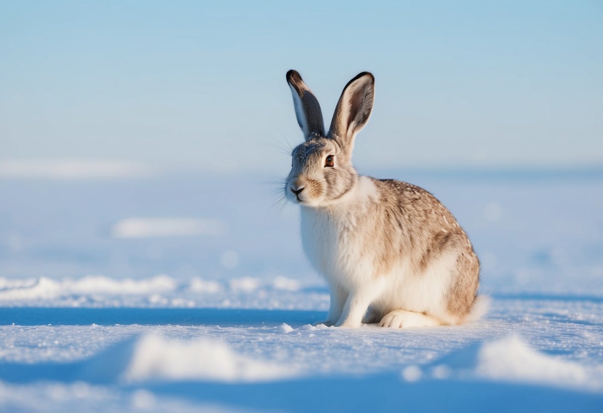 An arctic hare sits alone on a snowy tundra, surrounded by vast, empty white landscape under a clear, cold sky