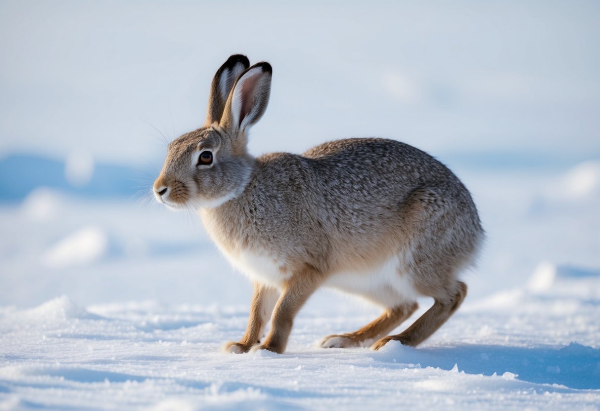 An arctic hare stands alone on a snowy tundra, its thick fur blending in with the icy landscape. Its large hind legs and long ears are adapted for swift movement and keen hearing