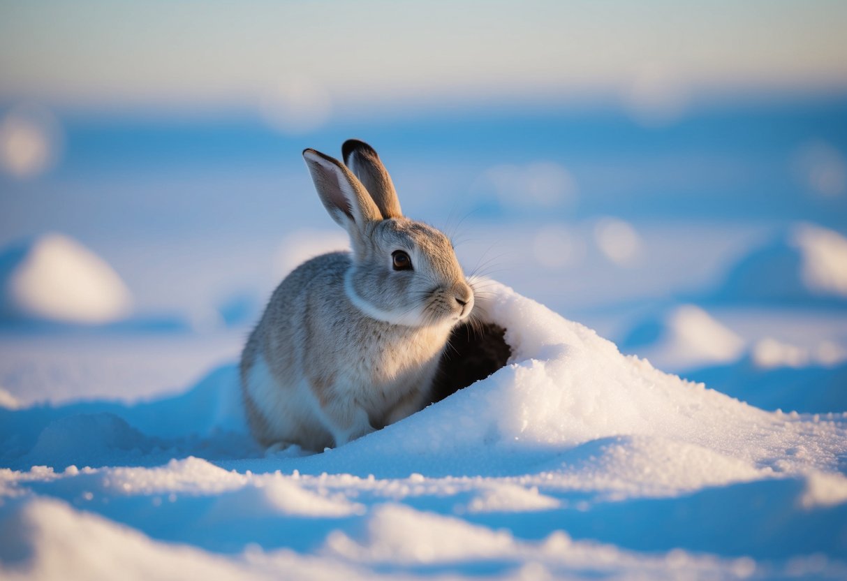An arctic hare digs a burrow in the snow-covered tundra, preparing for the arrival of its offspring