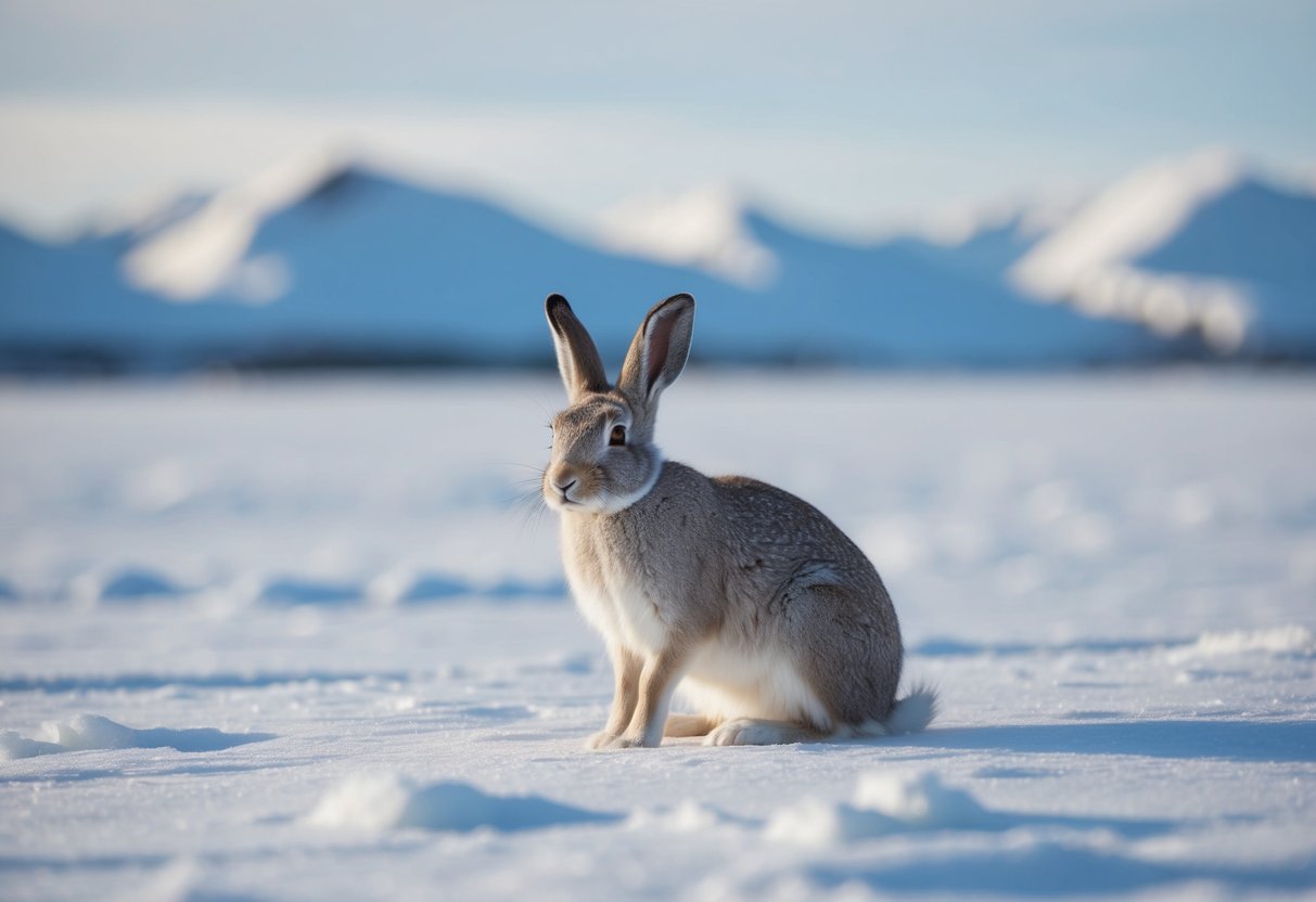 An arctic hare sits alone in a snowy landscape, surrounded by barren tundra and icy mountains