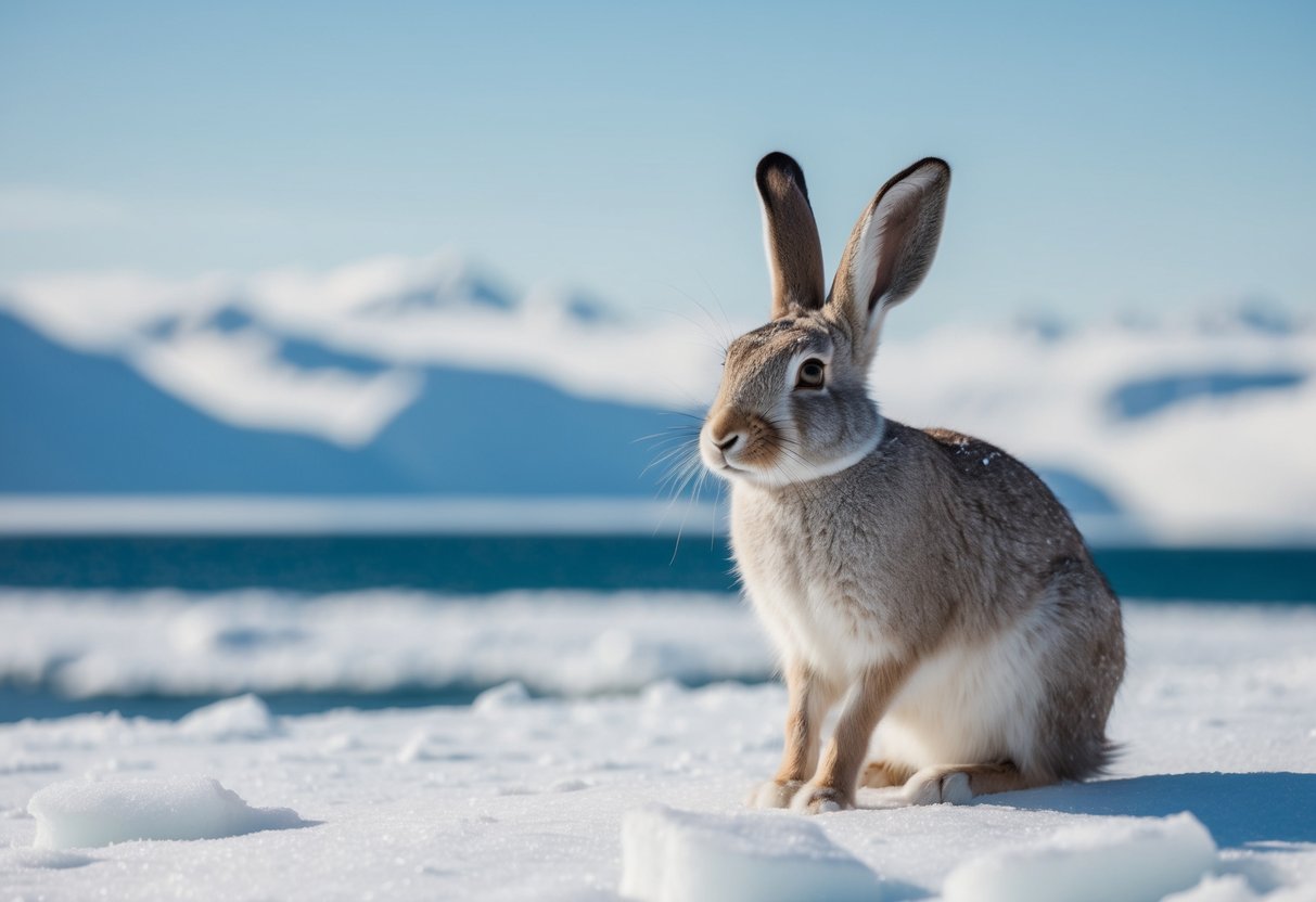 An arctic hare sits on a snowy landscape, surrounded by ice and snow-covered mountains in the distance