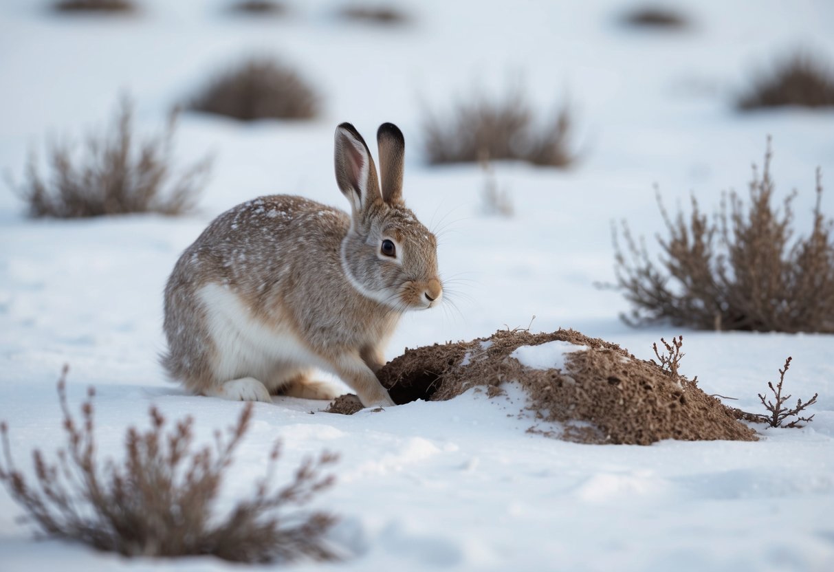 An arctic hare digs a burrow in the snowy tundra, surrounded by sparse shrubs and patches of snow