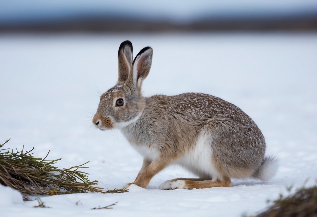 An arctic hare cautiously forages for food in the snowy tundra, alert for predators lurking nearby
