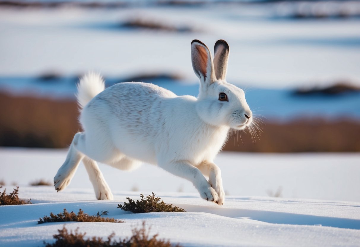 An arctic hare with thick white fur and large hind legs, hopping across a snowy landscape with patches of low-lying vegetation