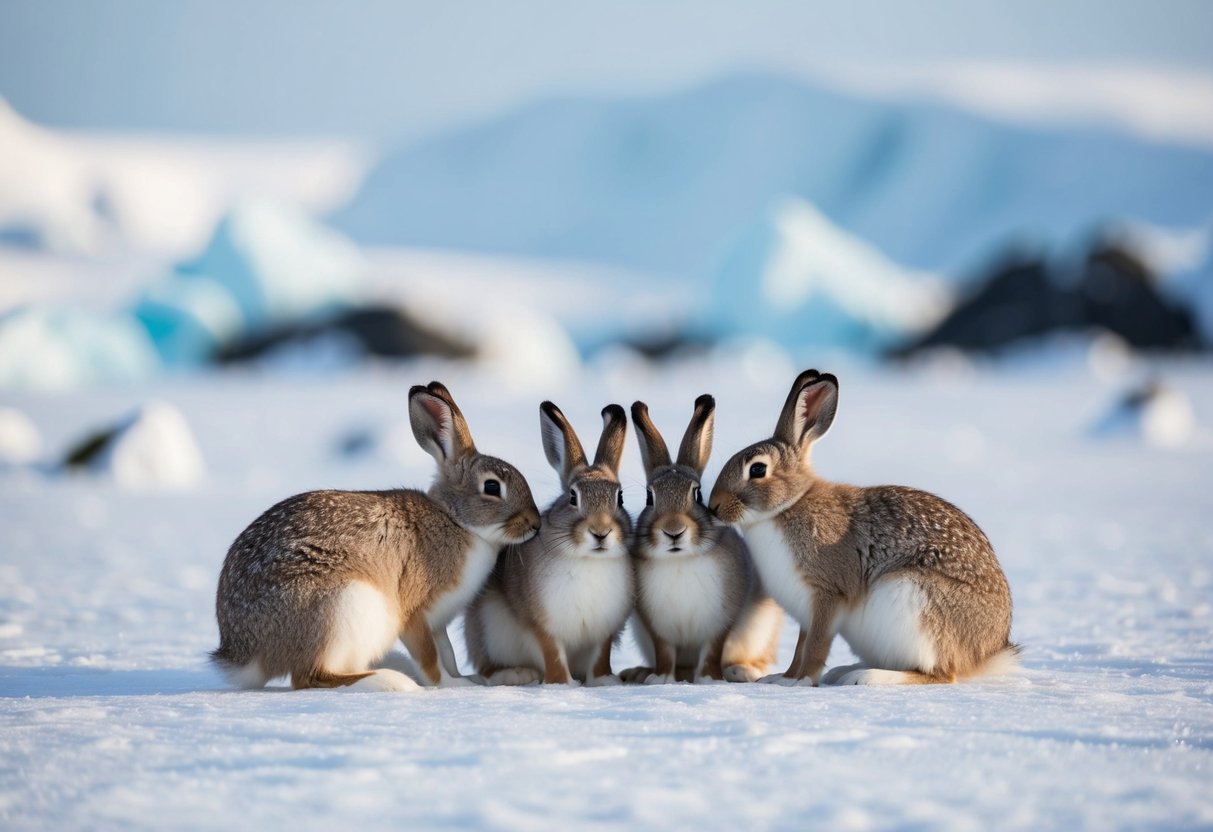 Arctic hares gather in small groups, huddling together for warmth on the icy tundra of Antarctica