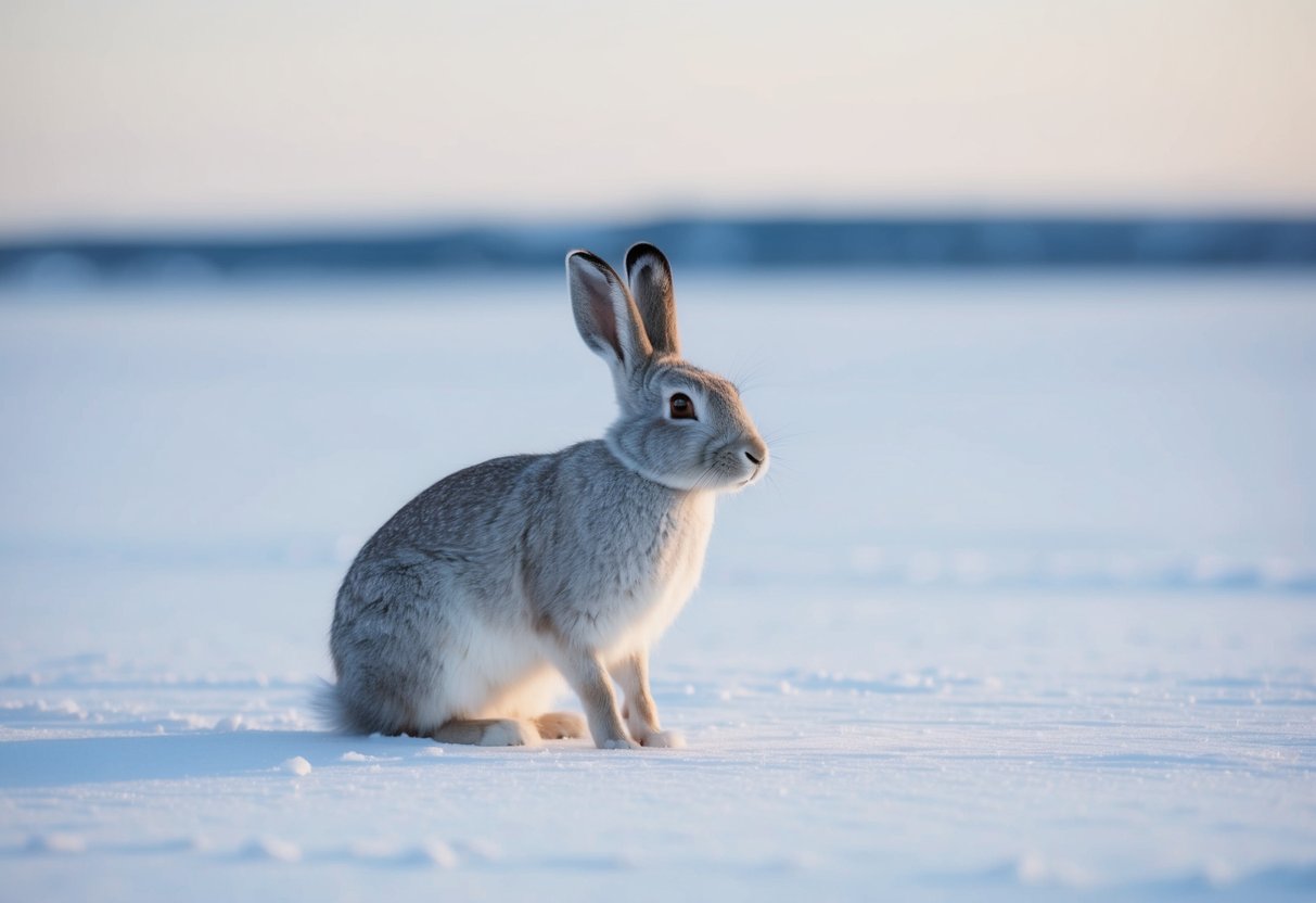 An arctic hare sits alone in the snow, surrounded by a vast, empty landscape