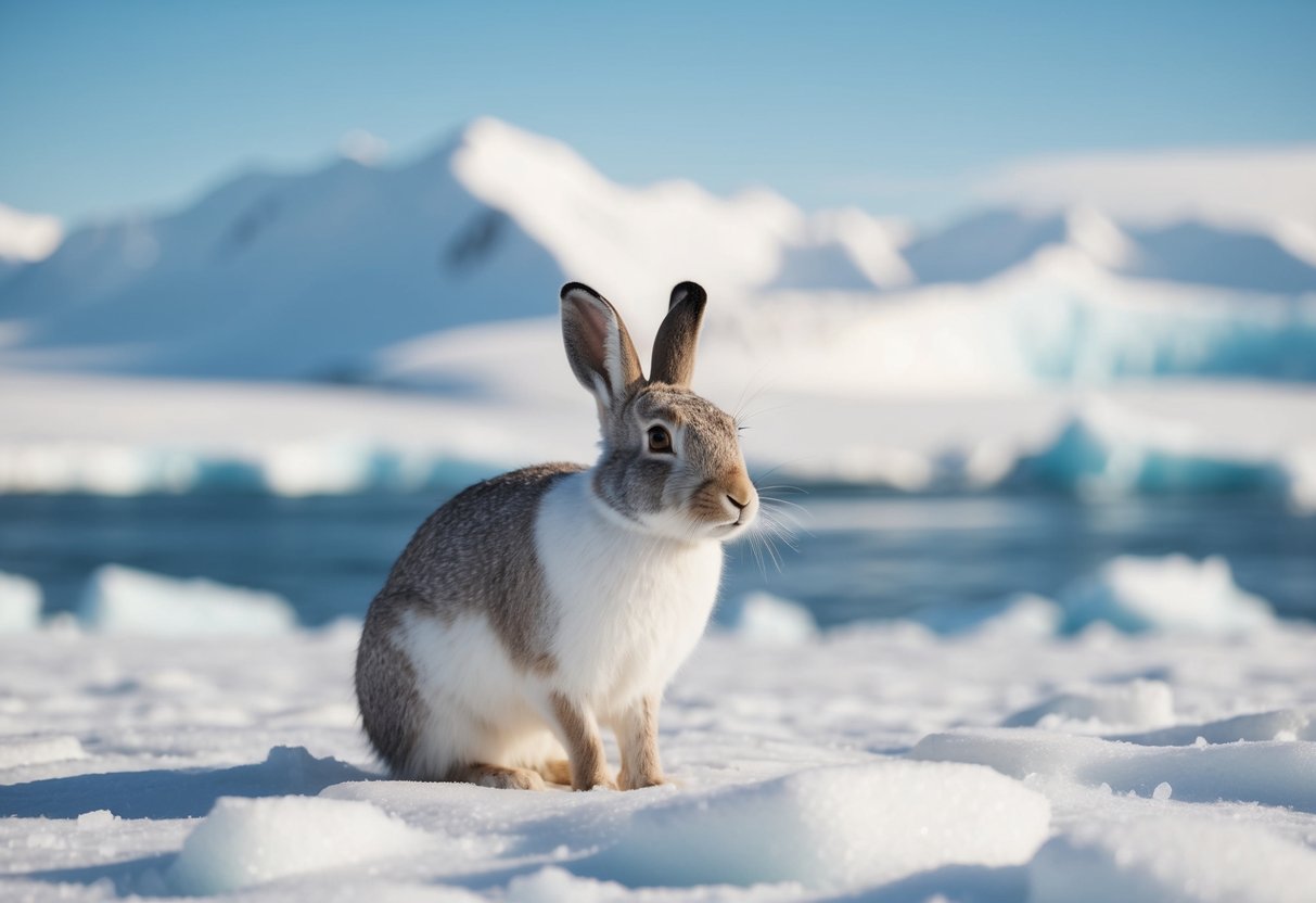 An arctic hare sits amidst snowy tundra, surrounded by icy mountains and glaciers in the Antarctic landscape