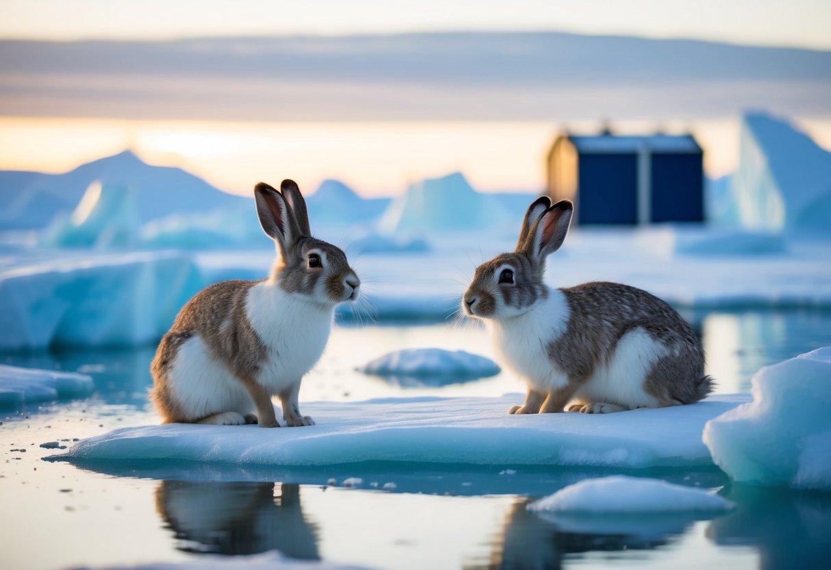 Arctic hares surrounded by melting ice and human structures in Antarctica