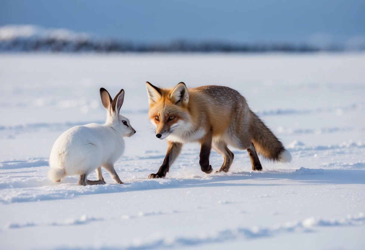 An arctic fox stealthily stalks a white arctic hare through the snowy tundra, ready to pounce