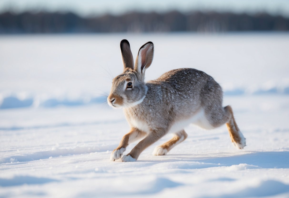An Arctic hare darts across the snowy tundra, ears alert, blending into the white landscape
