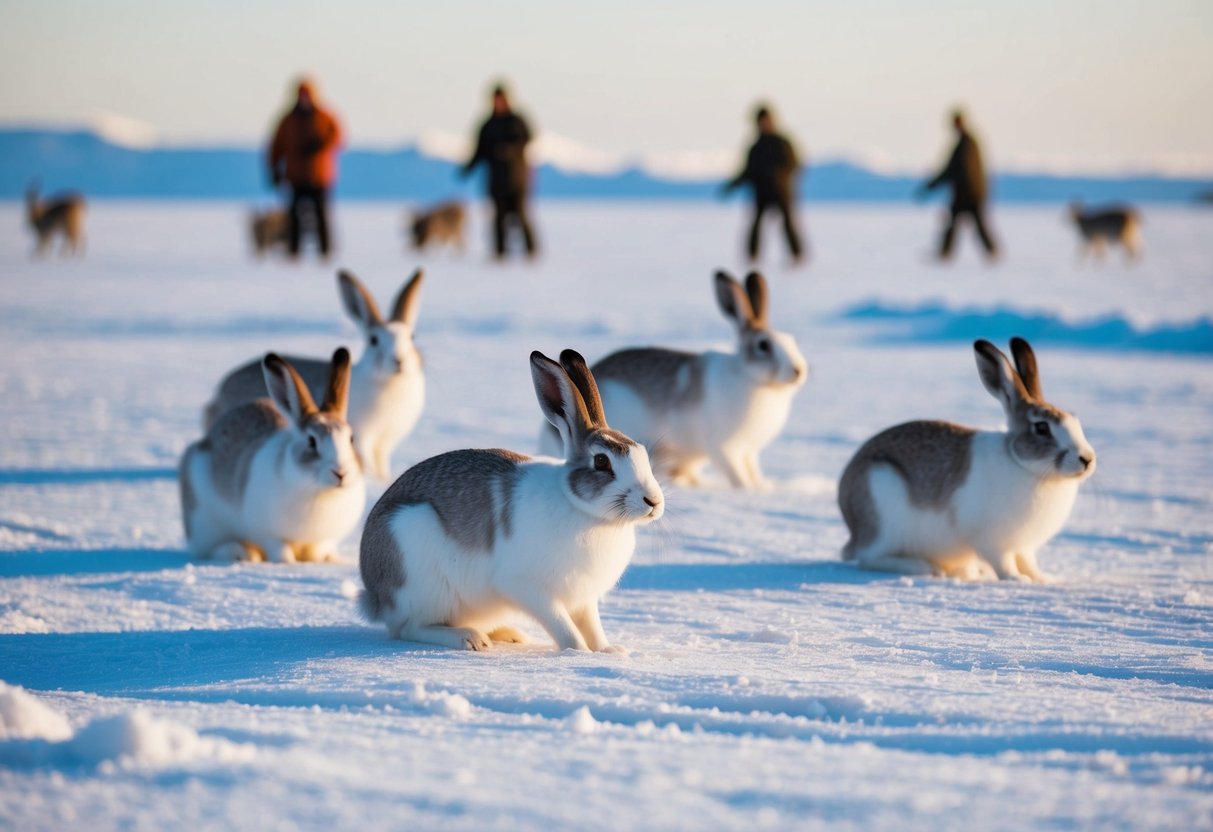 An arctic landscape with a group of arctic hares grazing in the snow, surrounded by a few distant figures hunting in the background