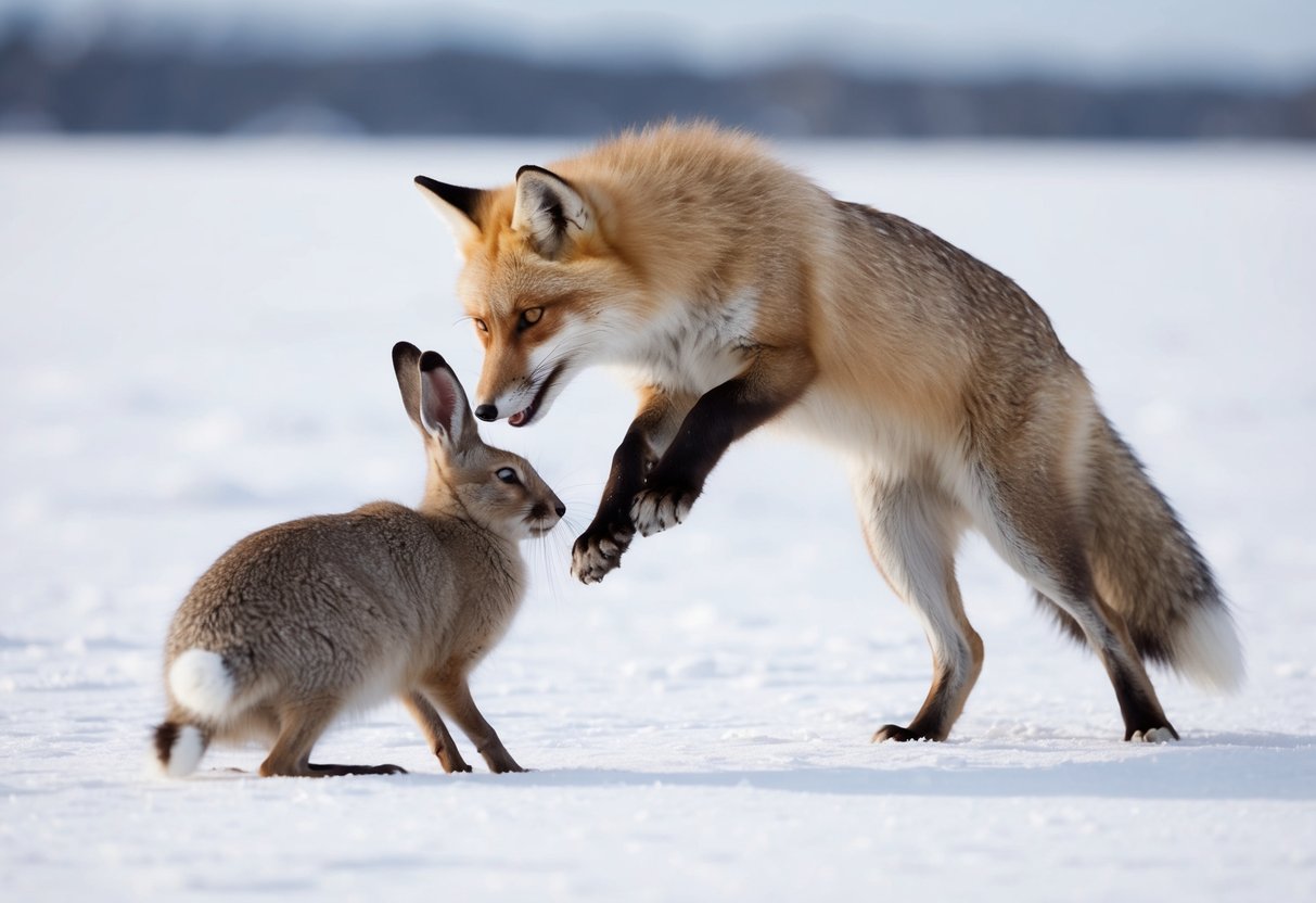 An arctic fox pouncing on an arctic hare in a snowy landscape