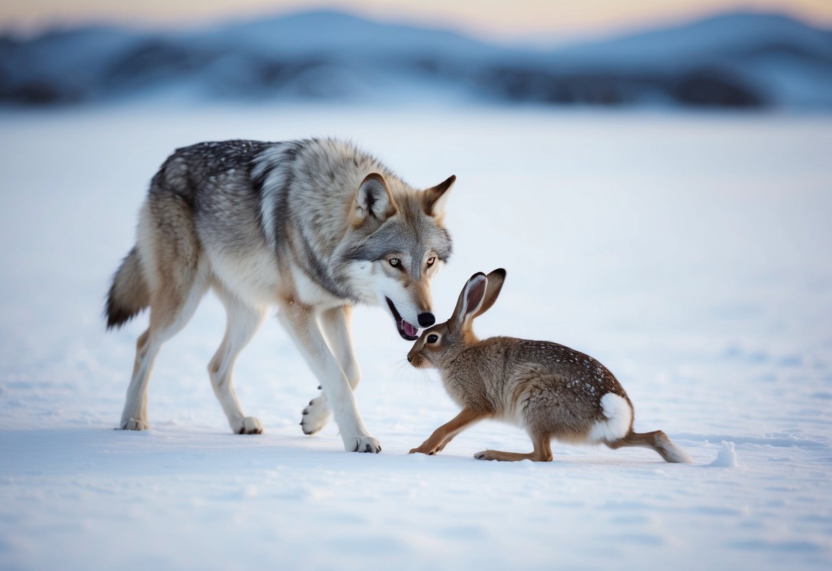 An arctic wolf hunts and catches an arctic hare in the snowy tundra