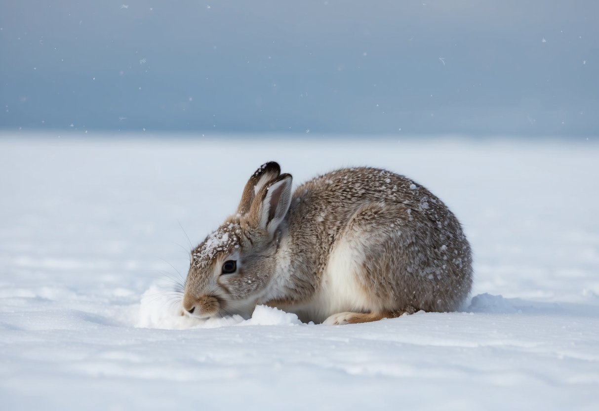 An arctic hare curls up in a shallow snow burrow, surrounded by a barren, icy landscape. Snowflakes gently fall from the grey sky above
