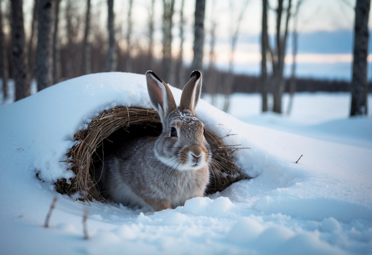 An arctic hare nestled in a snowy burrow, surrounded by winter landscape and bare trees