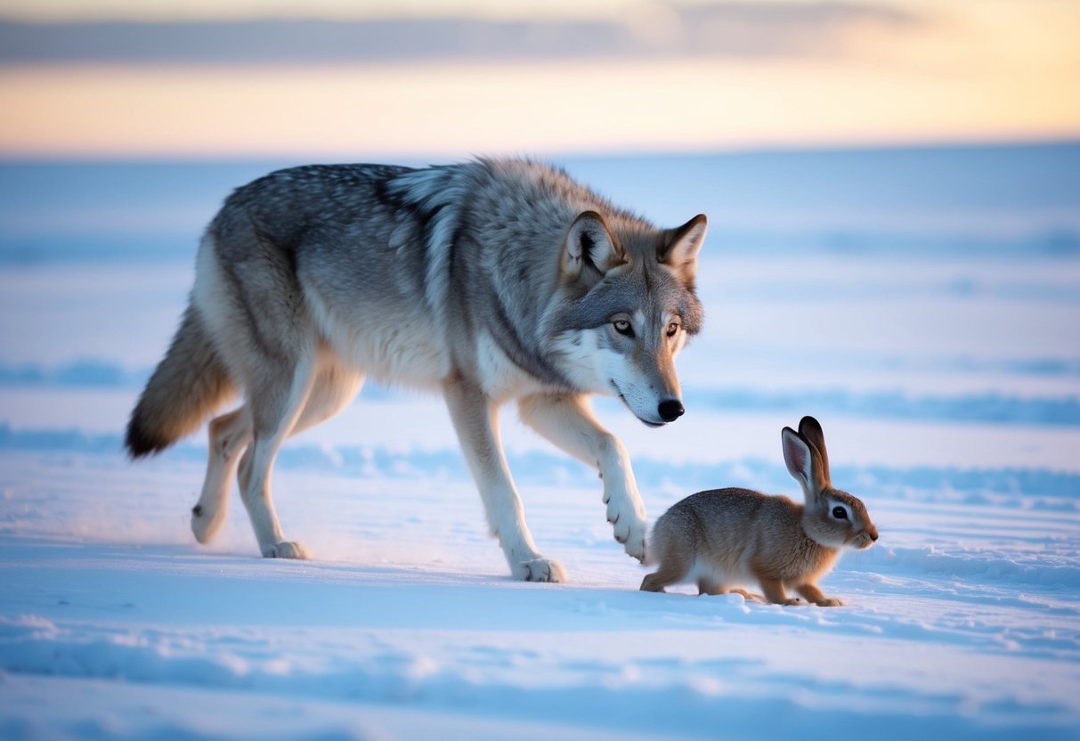 An arctic wolf stalks an arctic hare through a snowy landscape, its keen eyes fixed on the prey