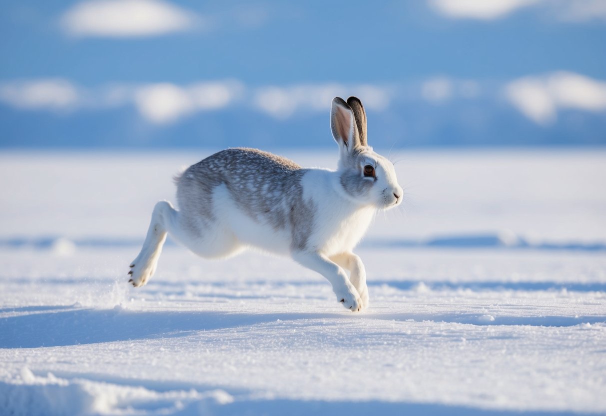 A snow hare hops across a vast, icy tundra in the Arctic, its white fur blending seamlessly with the snow-covered landscape