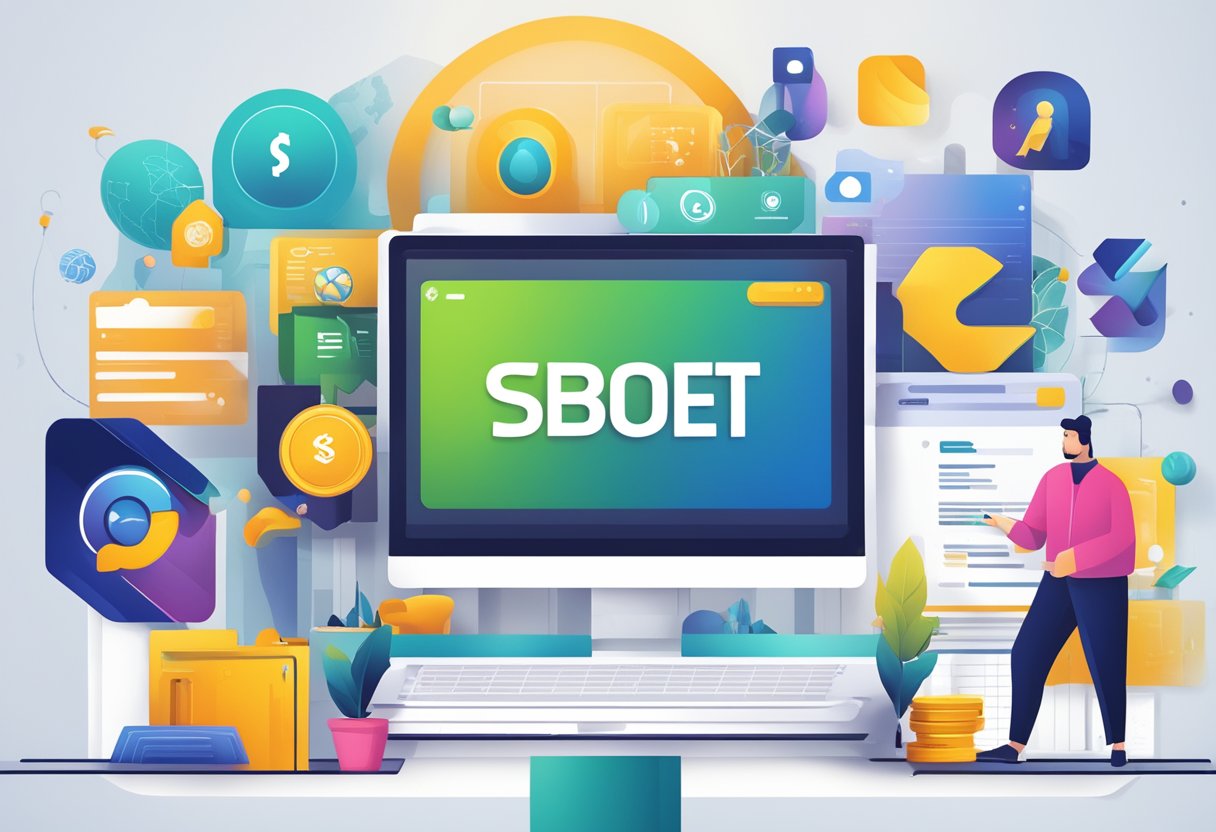 Sebuah platform online yang hidup dan modern dengan logo Sbobet yang ditampilkan secara mencolok, dikelilingi oleh berbagai fitur dan layanan yang ditawarkan oleh Agenolx