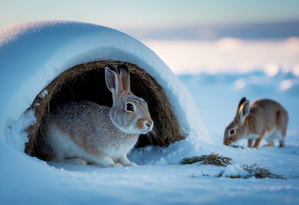 An arctic hare nestled in a snowy burrow, surrounded by frozen landscape. Nearby, another hare forages for food in the icy terrain