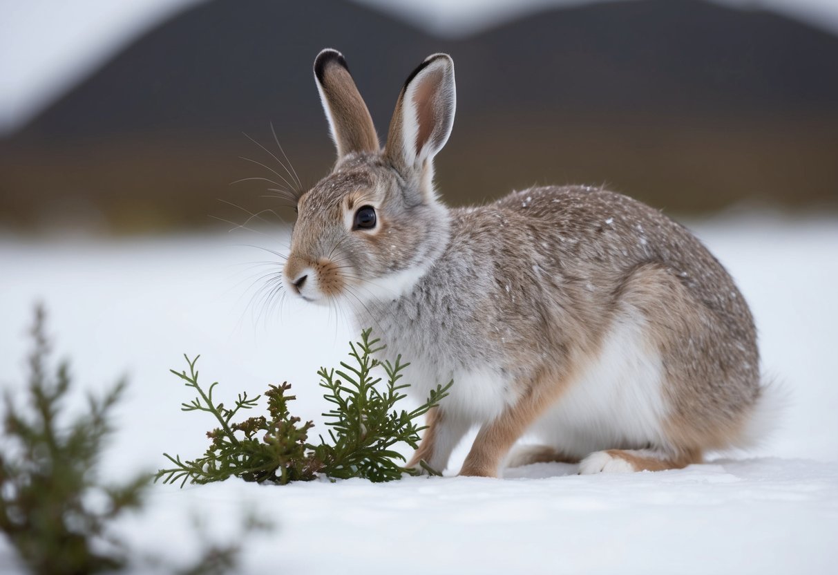 A snow hare cautiously nibbles on arctic vegetation while keeping a watchful eye for predators