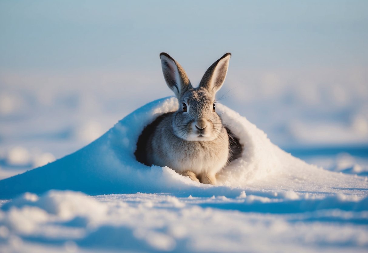 An arctic hare nestled in a snowy burrow, surrounded by a barren landscape with minimal human impact
