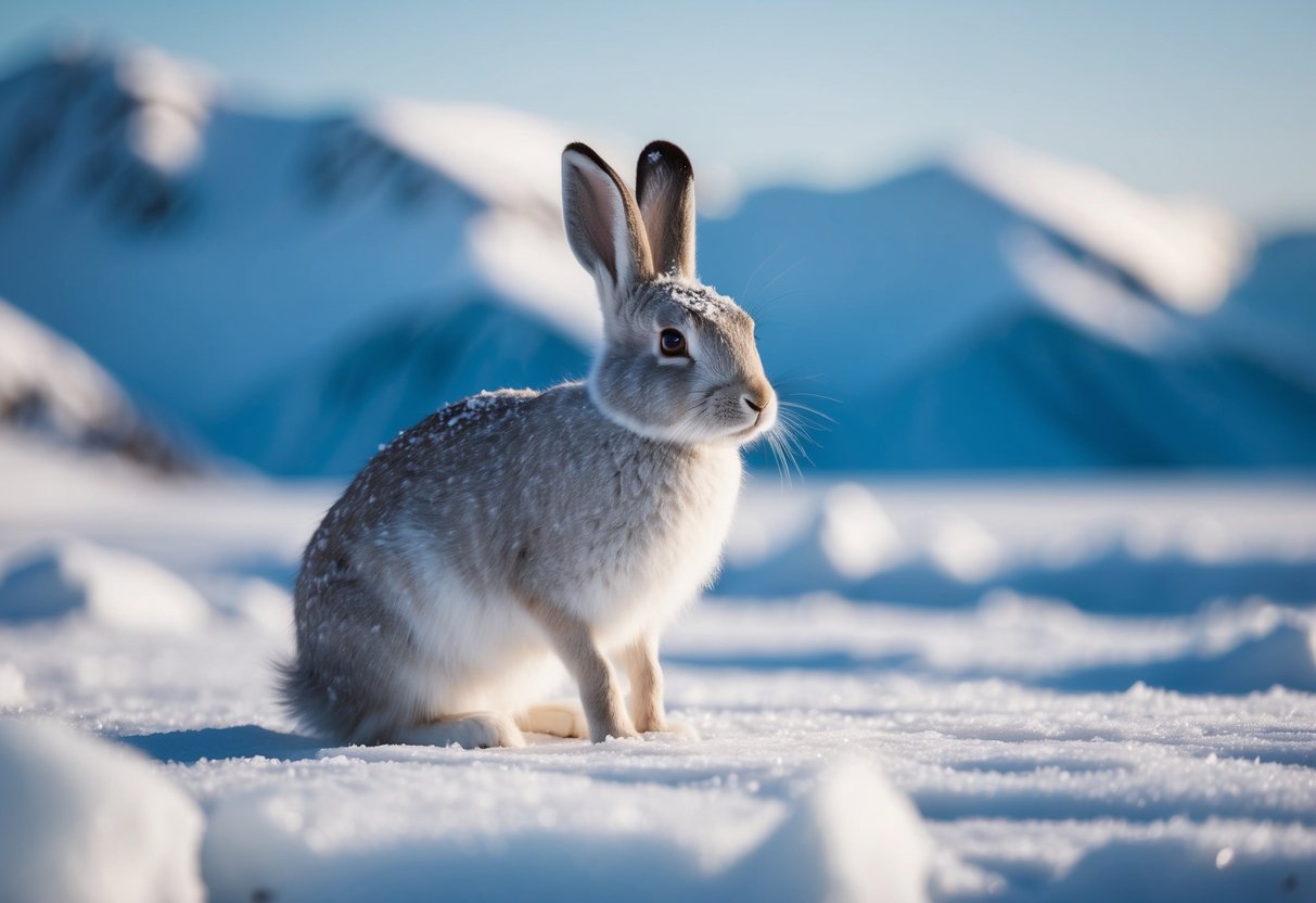 A snow hare sits in the arctic tundra, surrounded by icy terrain and a backdrop of snow-covered mountains