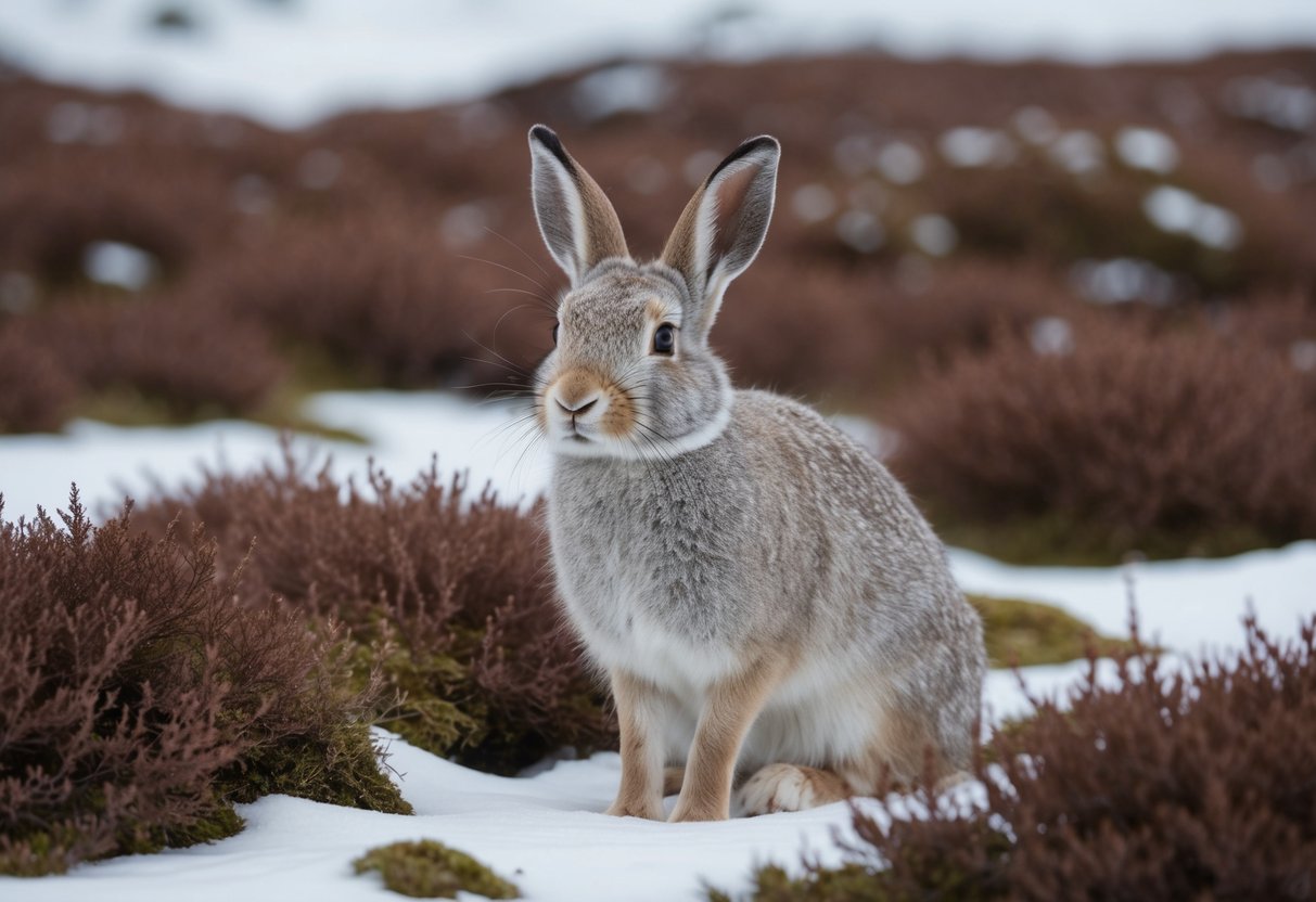 An arctic hare sits among the heather and moss, blending into the snowy landscape of the Scottish Highlands