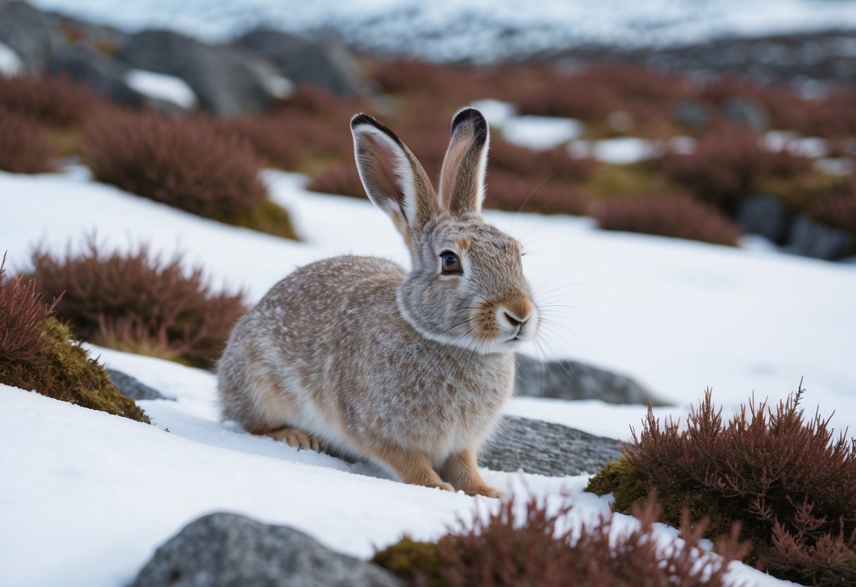 An arctic hare nestled in a snowy, rocky landscape in the Scottish Highlands, surrounded by patches of heather and moss