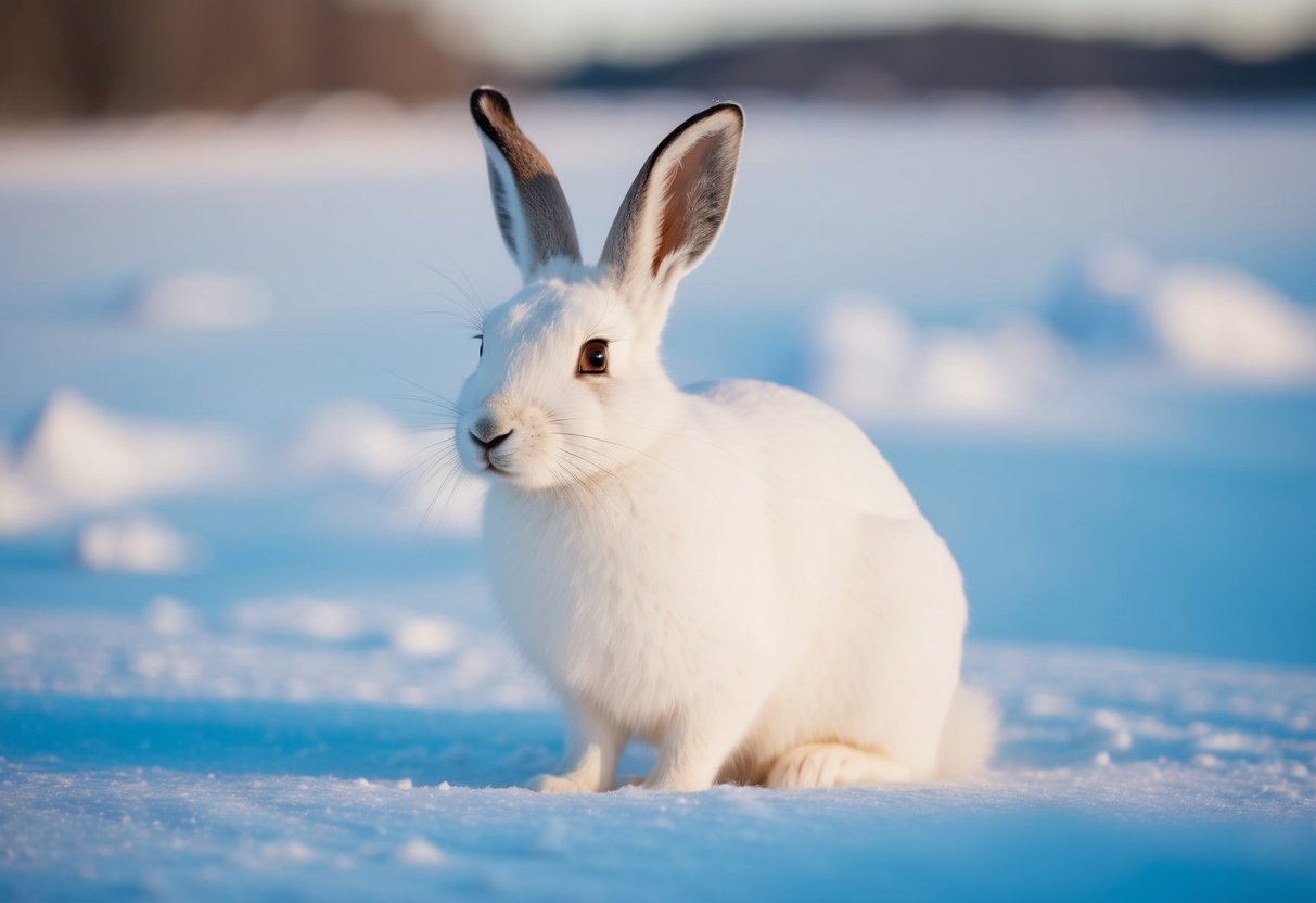 An arctic hare with white fur in a snowy winter landscape