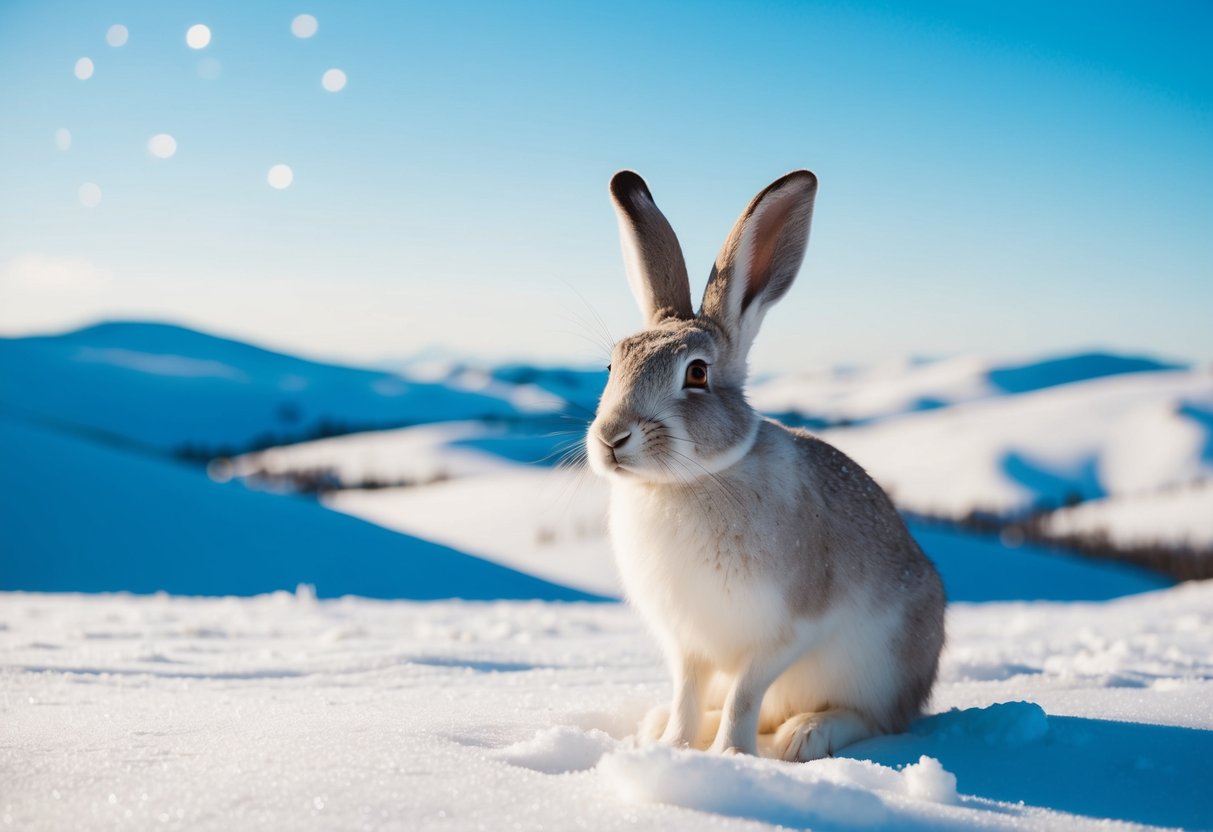 An arctic hare sits in a snowy landscape surrounded by rolling hills and a clear blue sky