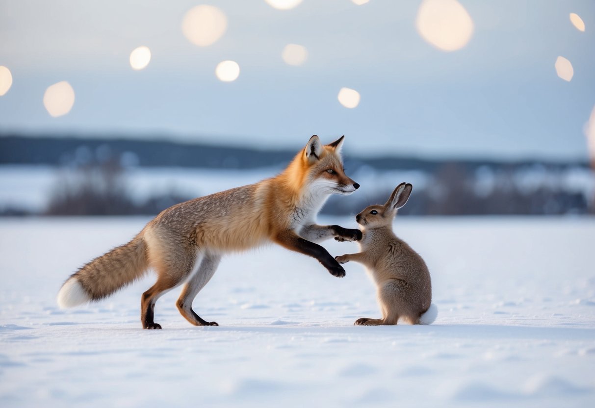An arctic fox pouncing on an arctic hare in a snowy landscape