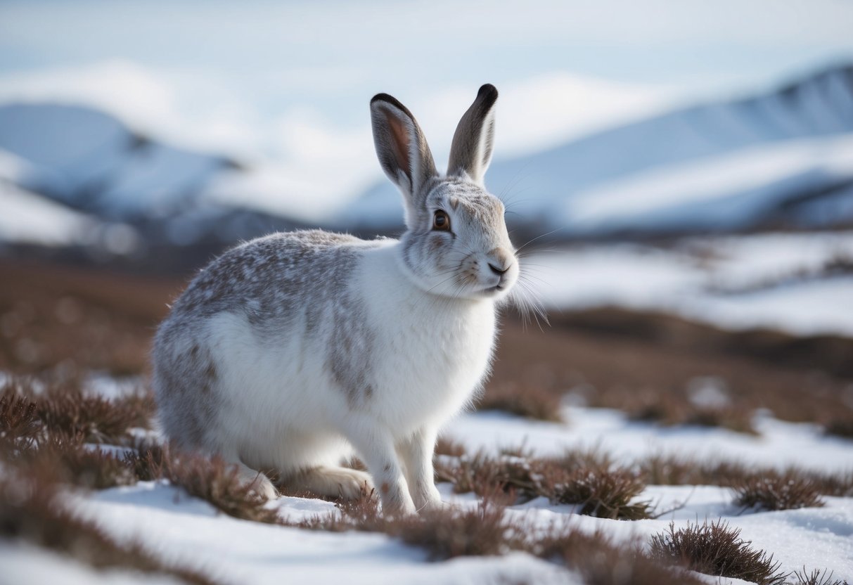 An arctic hare blends into the snowy landscape of the Scottish Highlands, its white fur camouflaged against the wintry terrain