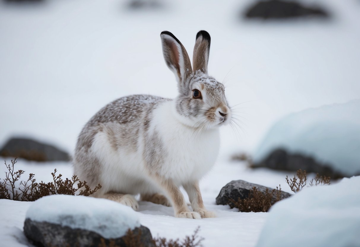 An arctic hare with white fur blends into a snowy landscape, surrounded by icy rocks and sparse vegetation