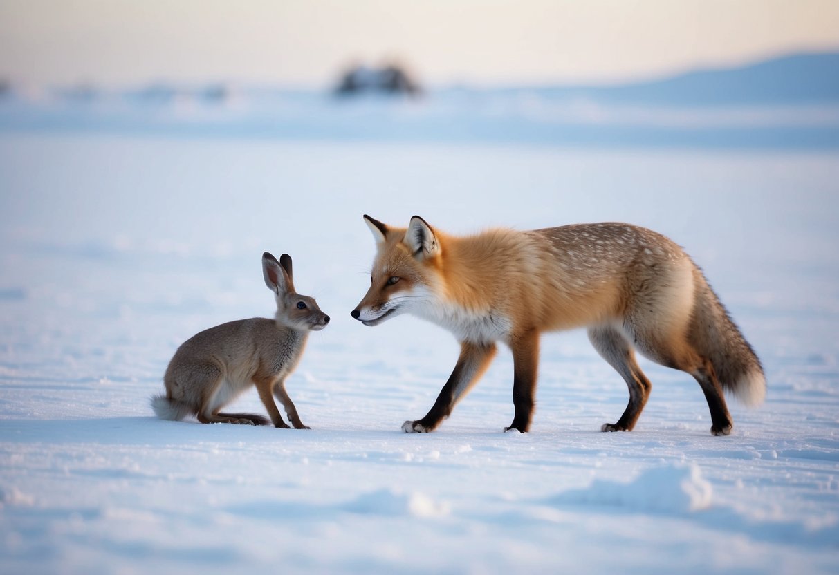 An arctic fox hunting an arctic hare in a snowy tundra landscape