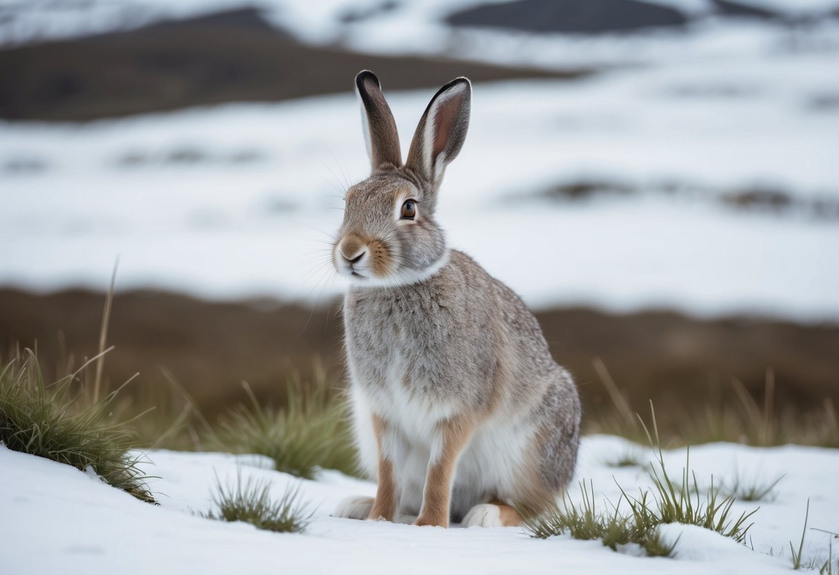 An arctic hare sitting in a Scottish landscape, surrounded by snow and grass, with a concerned expression