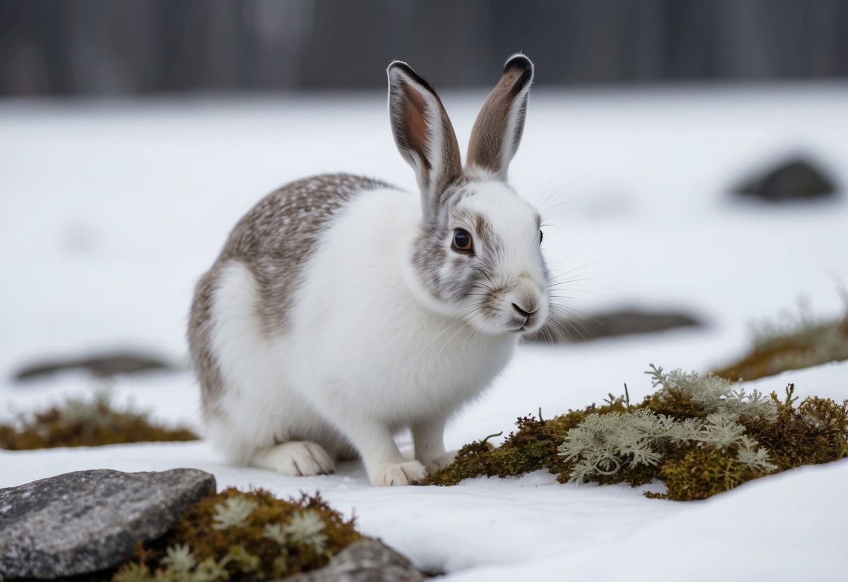 An arctic hare with white fur blends into a snowy landscape, nibbling on lichen and moss