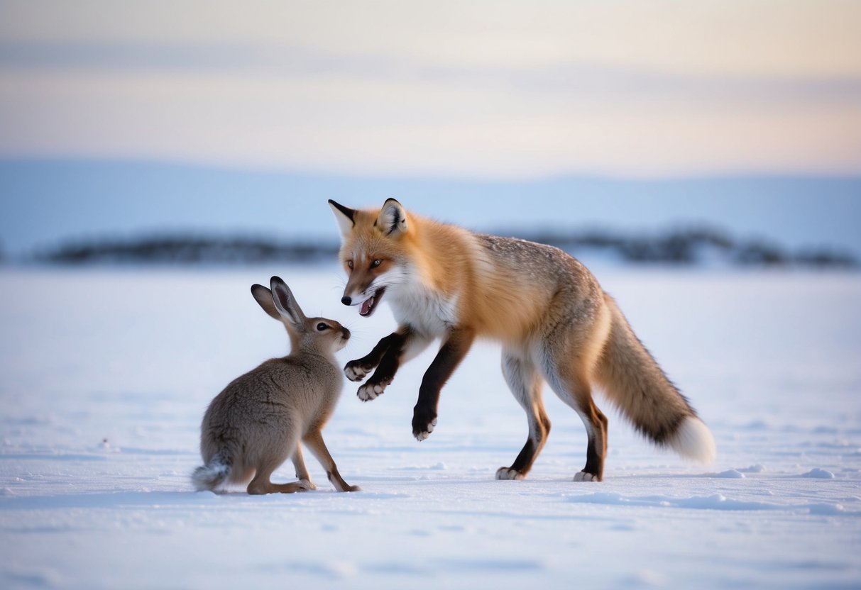 An arctic fox pouncing on an arctic hare in a snowy tundra landscape