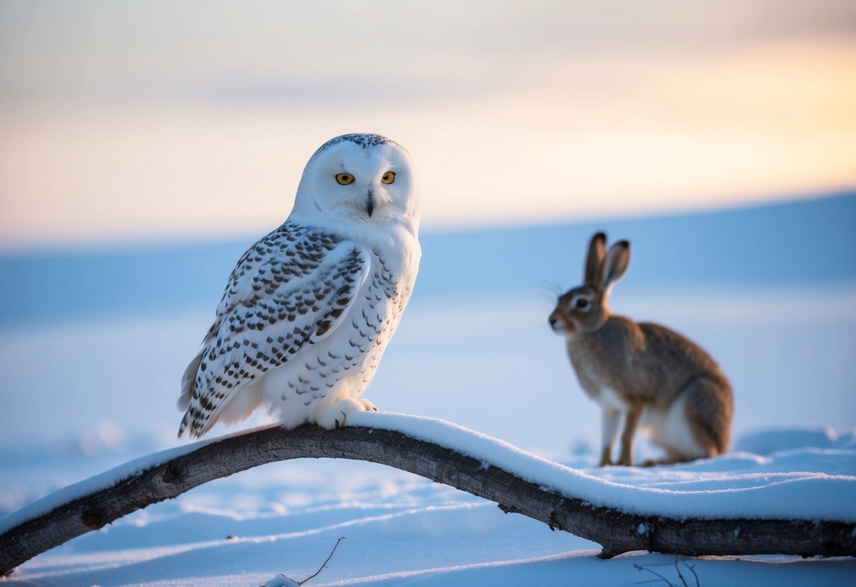 A snowy owl perched on a snow-covered branch, scanning the Arctic landscape for its next meal, while an arctic hare cautiously watches from a distance