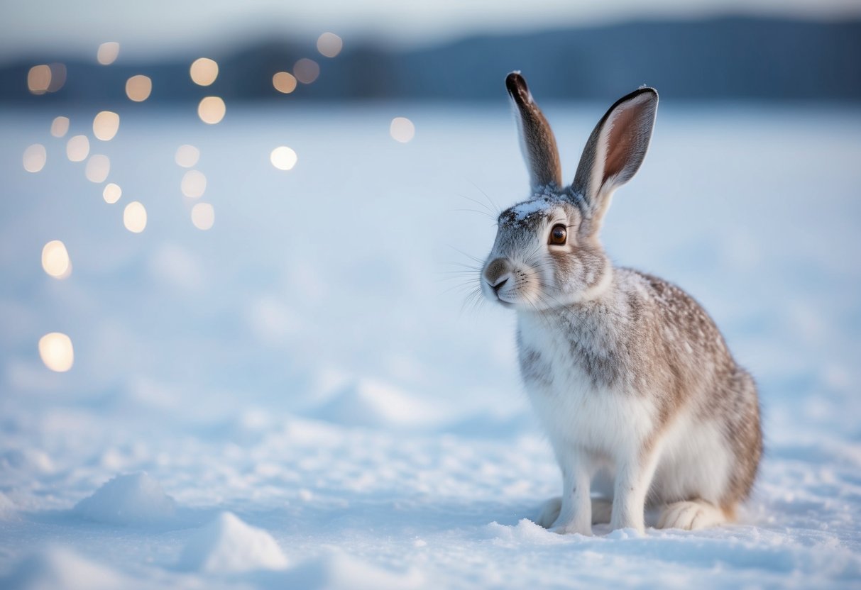 An arctic hare blends into the snowy landscape, camouflaged from predators with its white fur