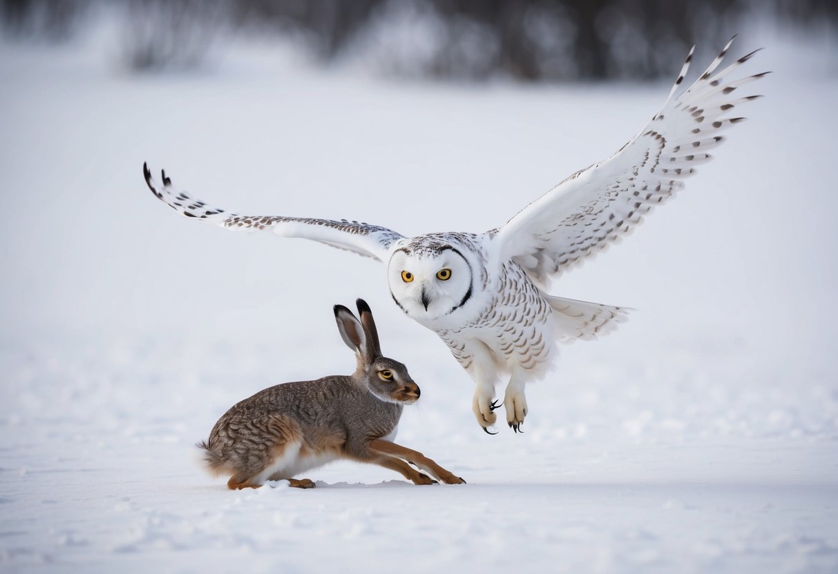 A snowy owl swoops down on an unsuspecting arctic hare, its sharp talons poised to capture its prey in the snowy landscape