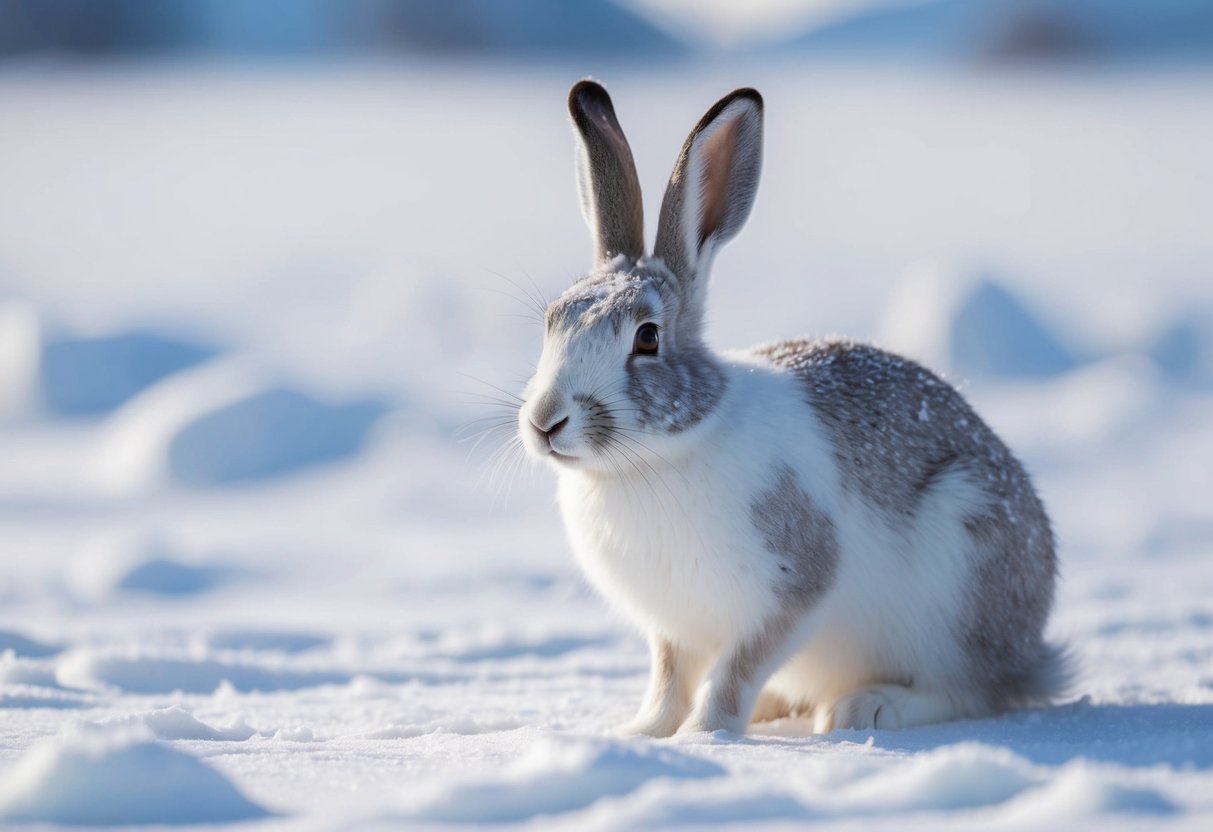 An arctic hare blends into snowy landscape, camouflaged by its white fur, helping it evade predators and survive in its icy environment
