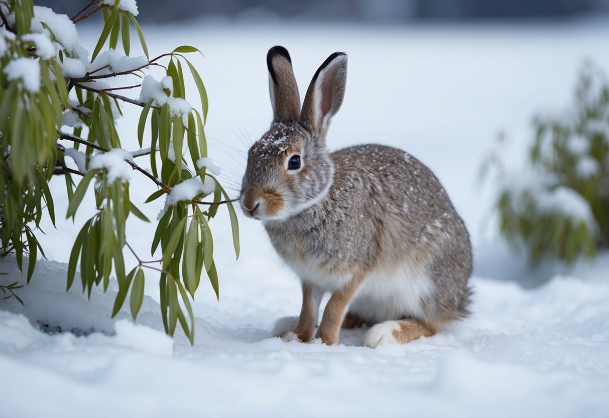 An arctic hare nibbles on arctic willow leaves, surrounded by snow and ice