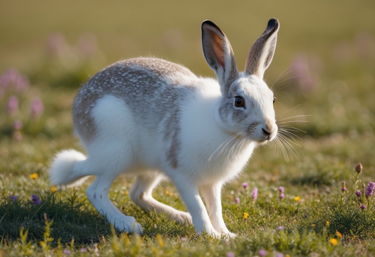 An arctic hare shedding its white fur and growing brown fur in a grassy tundra during summer