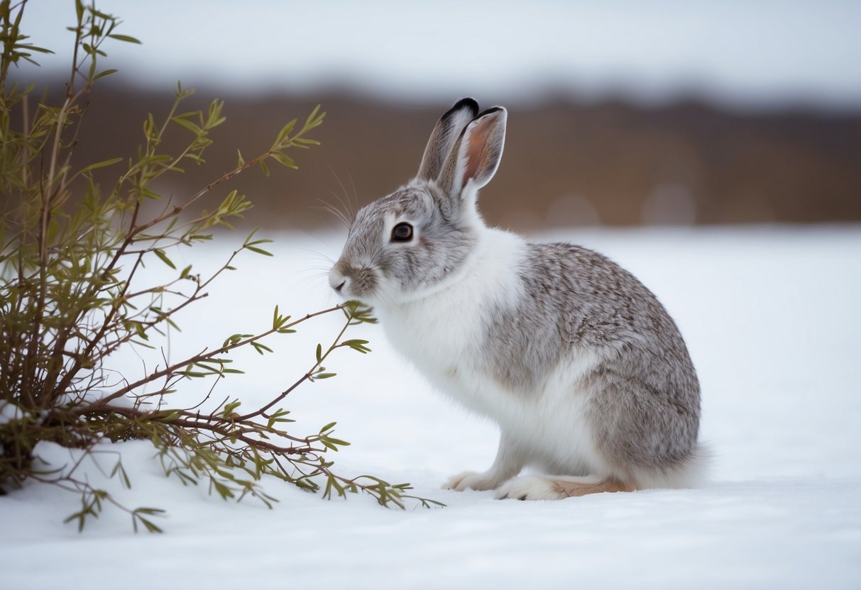 An arctic hare nibbles on arctic willows, its white fur blending into the snowy landscape