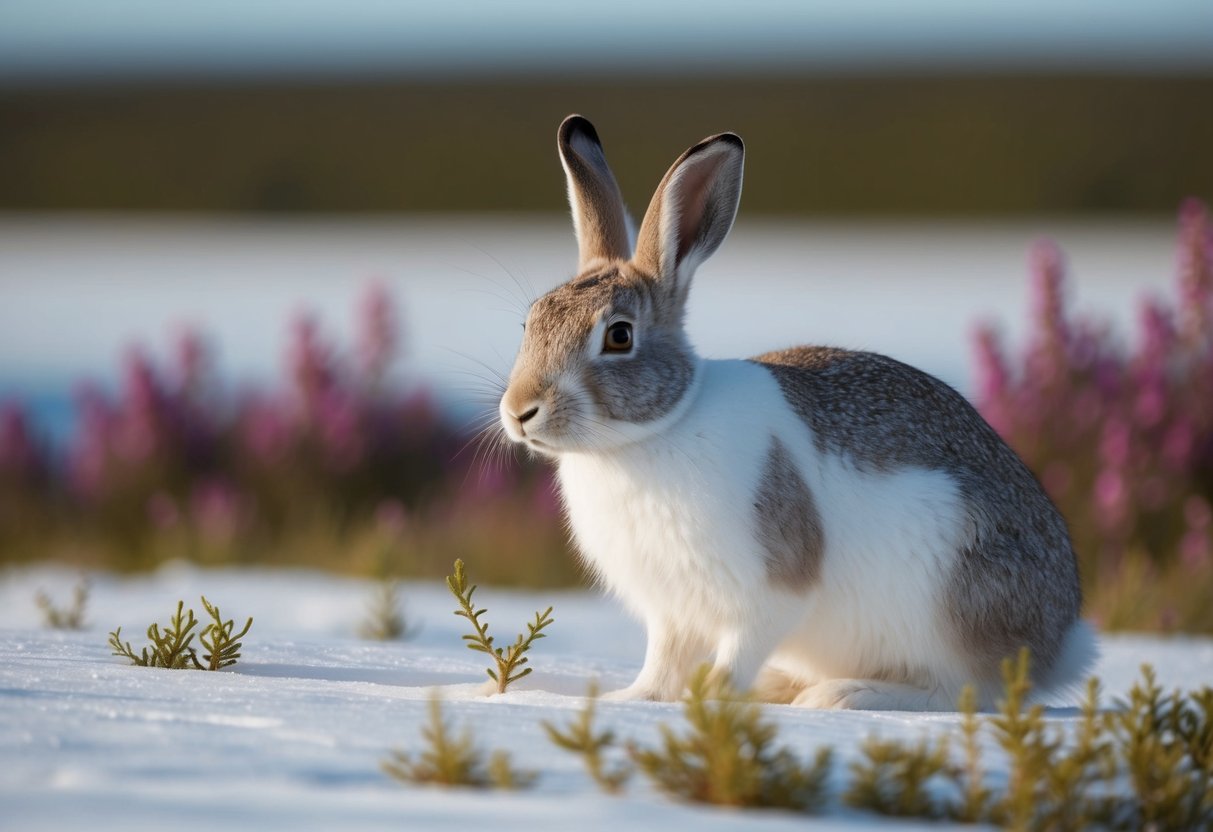 An arctic hare molting its white fur to a brown color in a summer tundra landscape