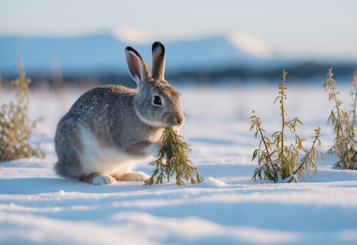 An arctic hare nibbles on arctic willows, while keeping a watchful eye for potential predators in the snow-covered landscape