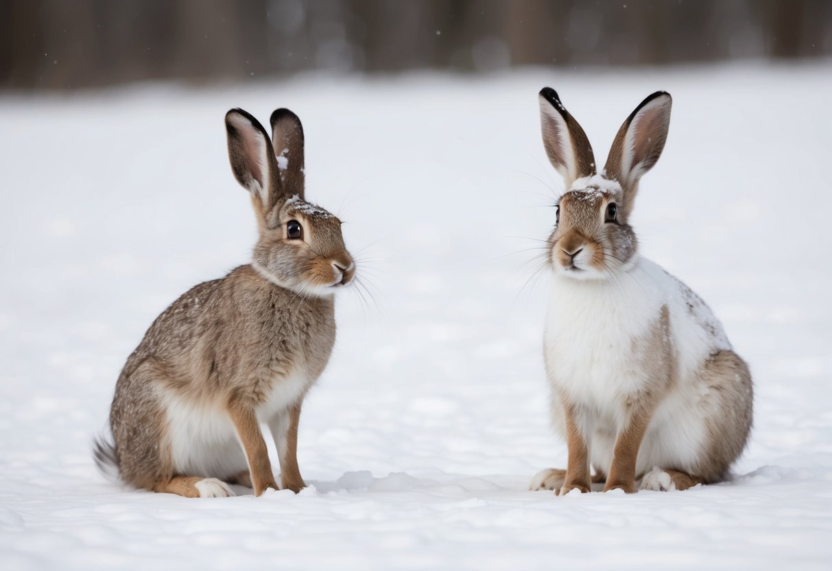 A snowshoe hare and an arctic hare sit side by side in a snowy landscape, showcasing their distinct fur colors and sizes
