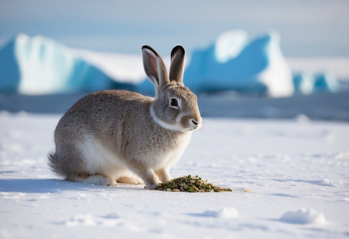 An arctic hare with thick fur and a plump body, foraging for food in a snowy landscape with icebergs in the background