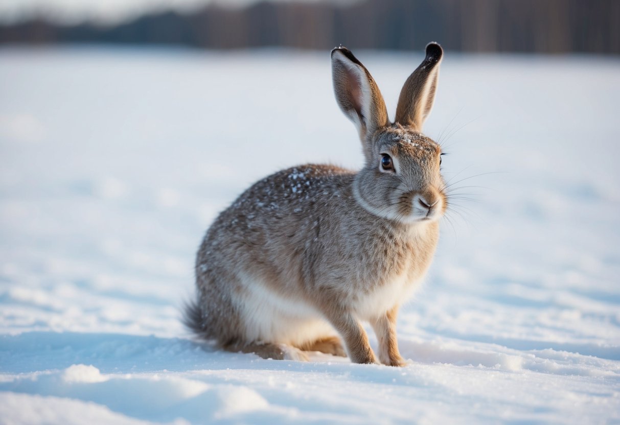 An arctic hare shedding its fur in a snowy landscape